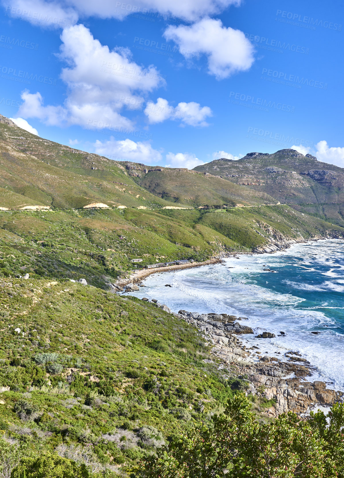 Buy stock photo A photo mountains, coast and ocean from Shapmanns Peak, with Hout Bay in the background. Close to Cape Town