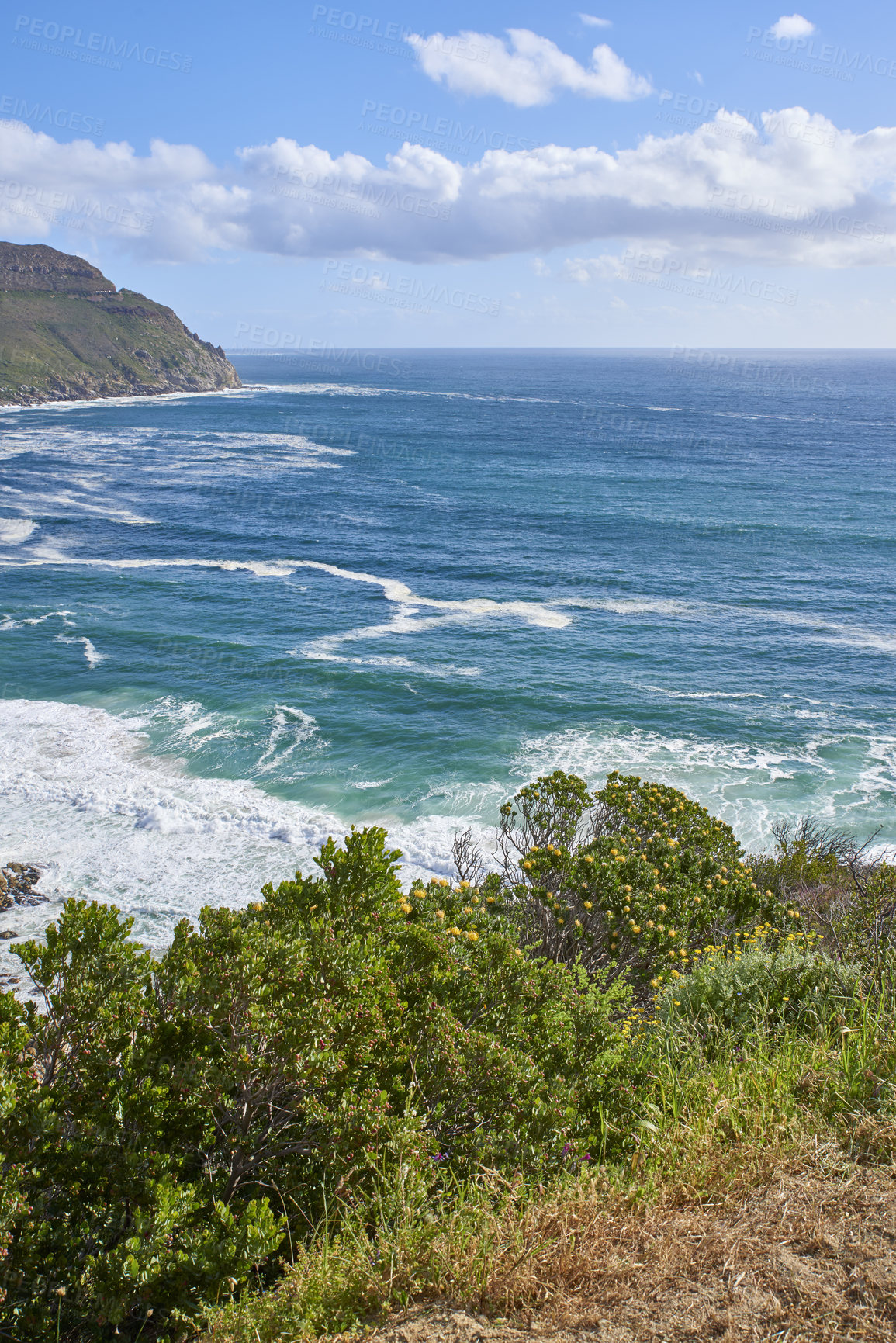 Buy stock photo A photo mountains, coast and ocean from Shapmanns Peak, with Hout Bay in the background. Close to Cape Town