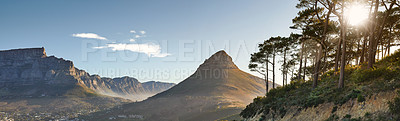 Buy stock photo Landscape of mountains in Cape Town, South Africa against cloudy blue sky with copy space. View of trees and shrubs growing on a rocky hill and cliff in a natural environment close to Lion's head