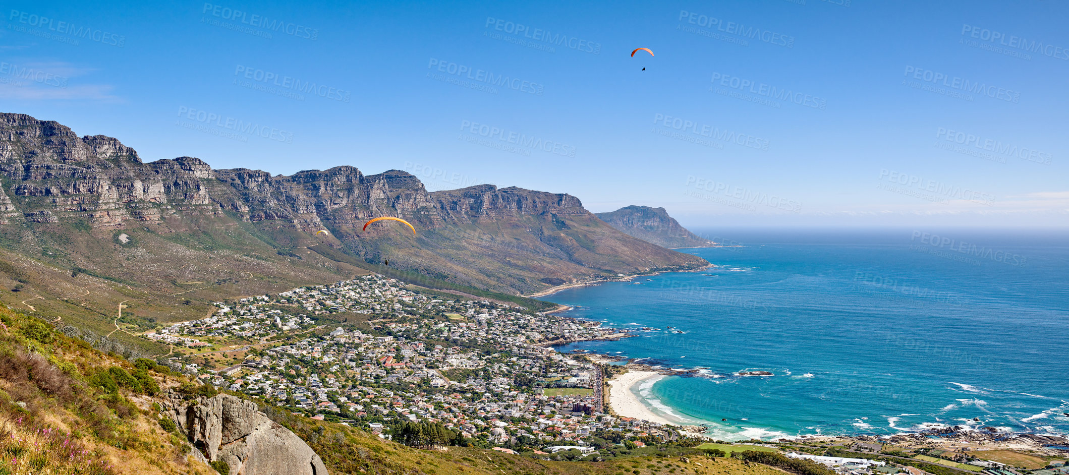 Buy stock photo Landscape mountain panorama, sea and coastal city with residential buildings in famous travel or tourism destination. Copy space and scenic Twelve Apostles with blue sky in Cape Town, South Africa