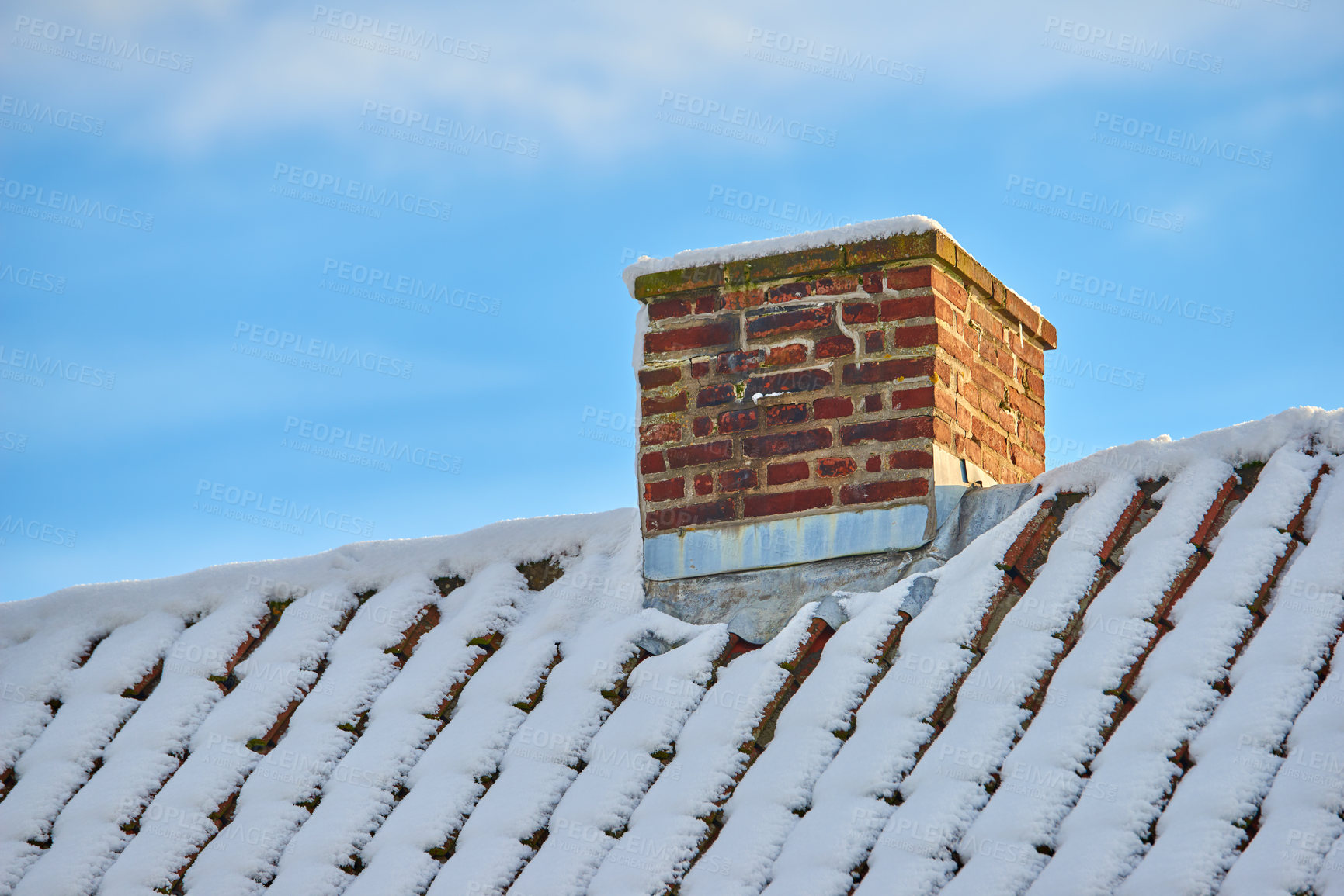 Buy stock photo Chimney, house and snow on roof outdoor with blue sky by space for winter season in nature. Funnel, natural and landscape of frozen ice on home in cold weather for travel by countryside in Denmark.