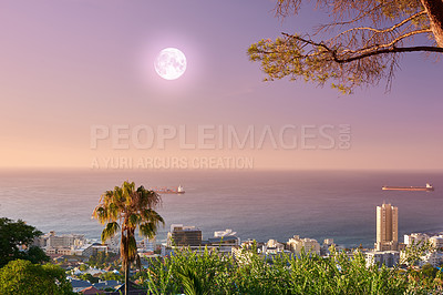 Buy stock photo Beautiful landscape view of the sea and horizon from Signal Hill tourism location in Cape Town, South Africa. Stunning city and ocean with a full moon in a sunset sky background with copy space.