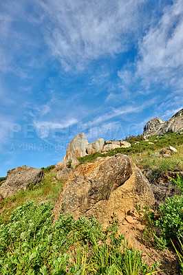 Buy stock photo Plants and shrubs growing on a rocky mountain slope against a cloudy blue sky background with copy space from below. Low angle of scenic landscape of a rugged hill and cliff in a natural environment