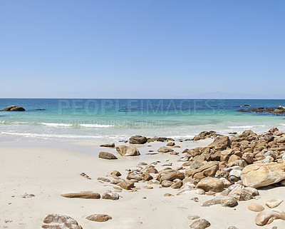 Buy stock photo Rocky coast close to Simonâs Town, Indian Ocean, Western Cape, South Africa.