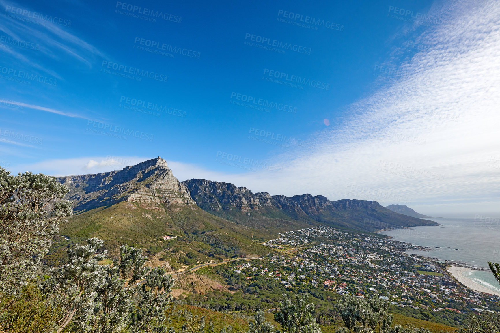 Buy stock photo Beautiful view of Table Mountain overlooking Cape Town and sea on sunny Summer day. Isolate natural area scenic and promotes tourism as International landmark found in Western Cape of South Africa