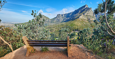 Buy stock photo Bench with relaxing, soothing views at the top of table Mountain with a scene of Lions Head against a blue sky. Lush green trees and bushes surrounding a quiet spot to rest and view beauty in nature