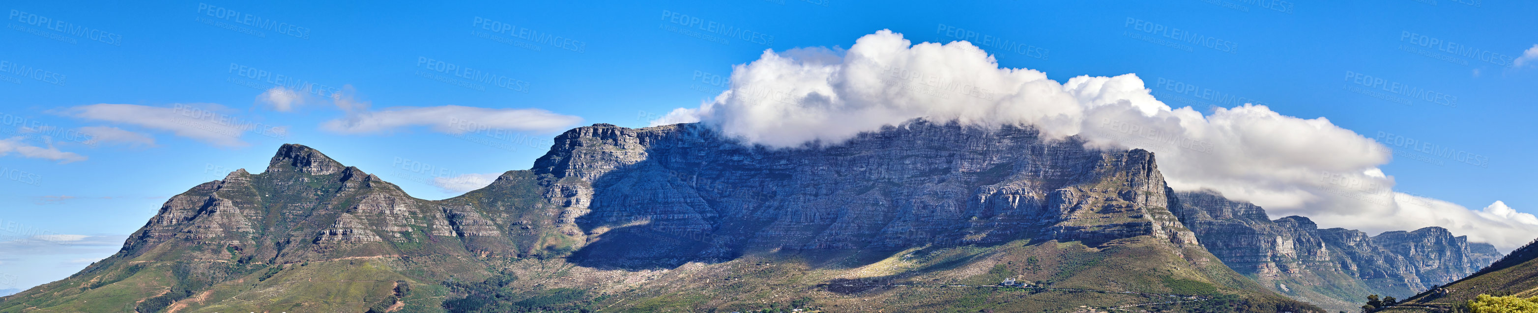 Buy stock photo Panoramic landscape of the majestic Table Mountain and Lions Head in Cape Town, Western Cape. A cloudscape sky with copy space over large mountainous and hilly terrain in wonderful nature