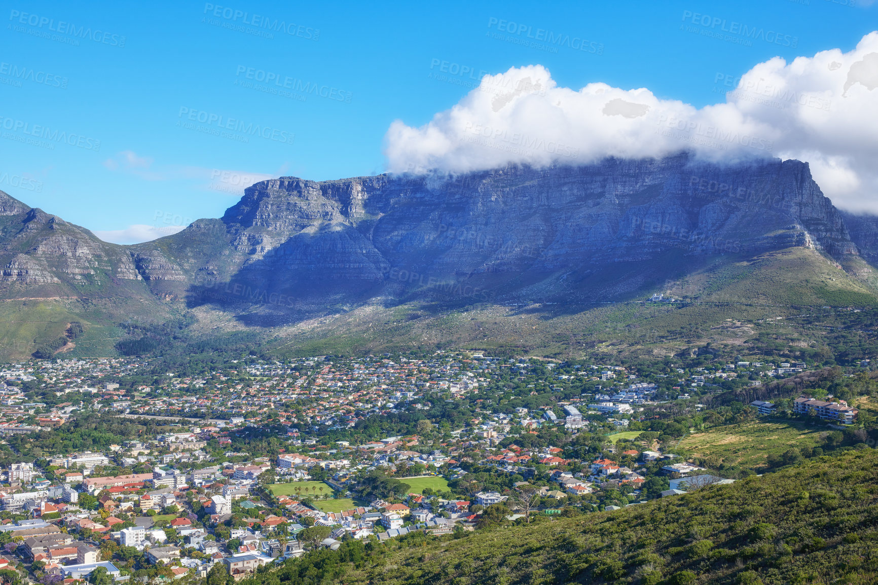 Buy stock photo Beautiful scene of table Mountain in Cape Town on a sunny day with copy space. View of a bright sky and cloud with cityscape in South Africa. Serene harmony in nature and peaceful landscape views