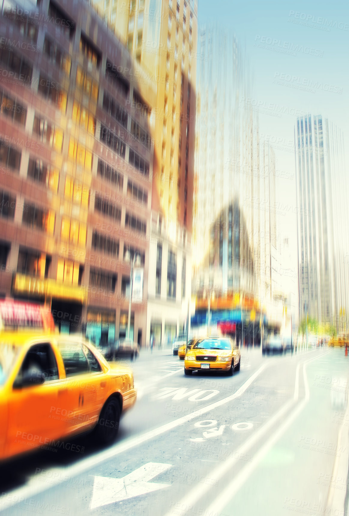 Buy stock photo Busy scene with cars and taxis driving and traveling in blurred motion in the city. Commuting through a busy urban town, using public transport to travel the roads and streets to get to a destination
