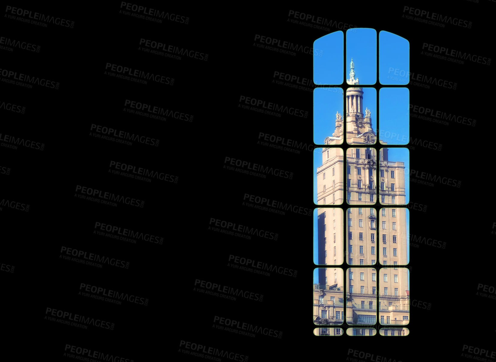 Buy stock photo View from inside big window grid looking out at a traditional skyscraper building on blue sky copy space. Dark room with light part of a gothic vintage tower. Architecture of a tall built structure