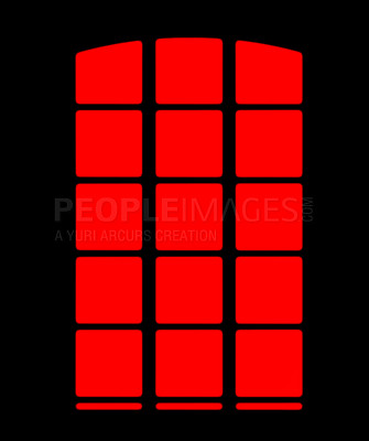 Buy stock photo Graphic of a red and black window design for copy space and advertising. Illustration of a creepy window outline showing a mysterious shadow on a wall for marketing or architecture