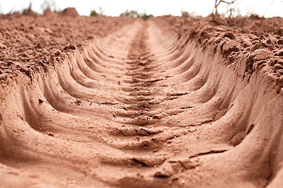 Buy stock photo Sand, agriculture and field with land, farm and ground with economic growth, sustainability and nature. Earth, landscape and industry for farming, plough and dessert with climate change and drought 