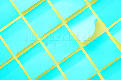 Buy stock photo Shot of blue sticky notes pasted to a yellow background