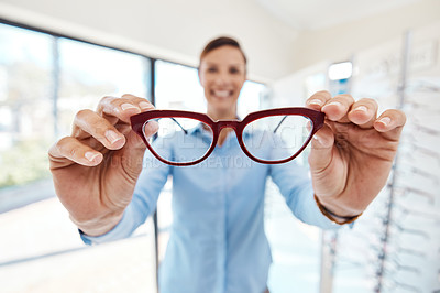 Buy stock photo Portrait, glasses and woman with poor vision trying out a new pair at optometrist. Eyeglasses, spectacles and shopping customer buying eyewear for eye health at retail store, shop or mall.

