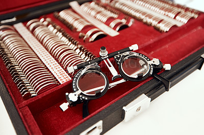 Buy stock photo Shot of various lenses for glasses in an optometrist’s office