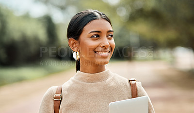 Buy stock photo Cropped portrait shot of an attractive young female student on outside campus