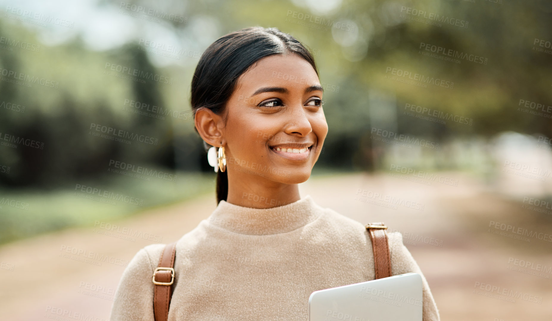 Buy stock photo Student, girl and tablet with thinking outdoor for morning commute to campus and daydreaming of future. Indian woman, person and happy at university for thesis inspiration, education and scholarship