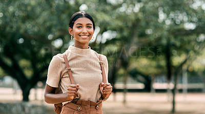 Buy stock photo Portrait shot of an attractive young female student outside on campus