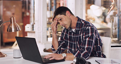 Buy stock photo Headache, tired and a man with a laptop and stress from an email, project or communication. Frustrated, anxiety and a businessman reading a chat on a computer about a mistake or work fail in office