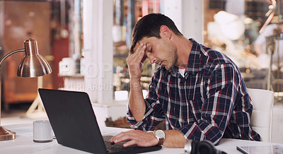 Buy stock photo Headache, tired and a man with a laptop and burnout from an email, project or communication. Stress, anxiety and a businessman reading a chat on a computer about a mistake or work fail in office