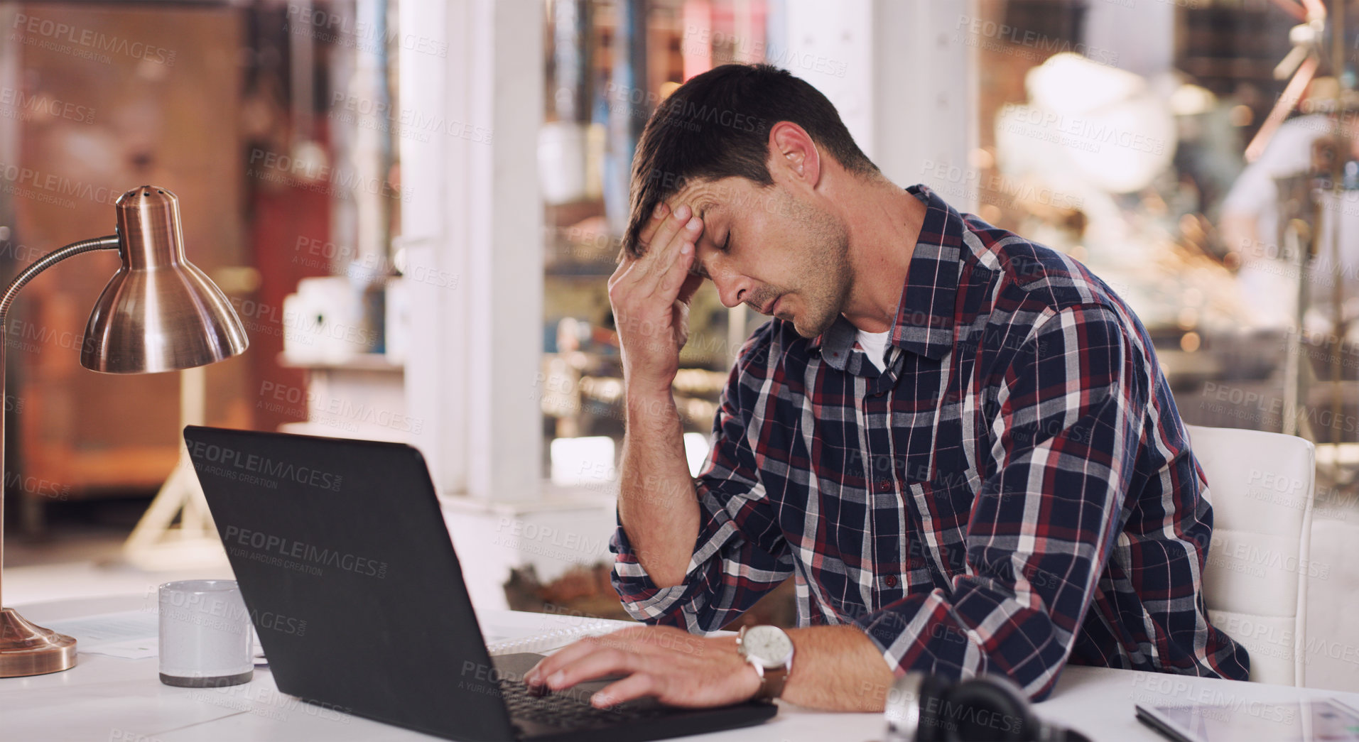 Buy stock photo Headache, tired and a man with a laptop and burnout from an email, project or communication. Stress, anxiety and a businessman reading a chat on a computer about a mistake or work fail in office