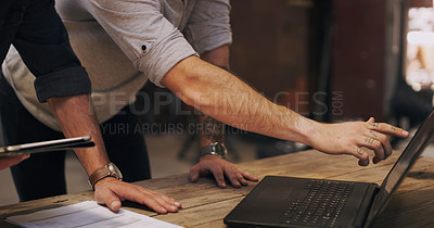 Buy stock photo Planning, strategy and hands of business people with laptop, paperwork and creative startup ideas. Workshop, meeting and men in office together for research, growth and development at design agency.