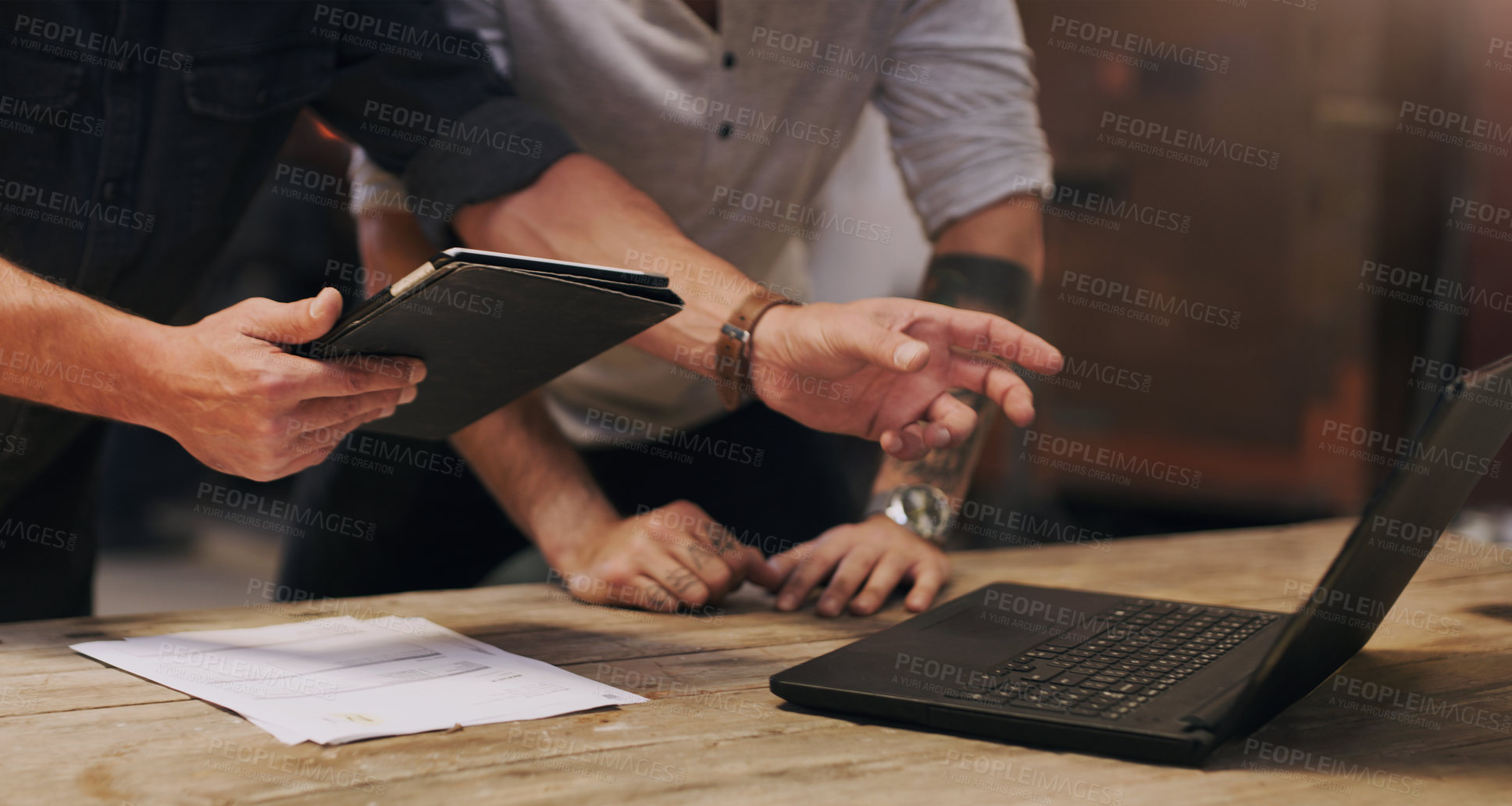 Buy stock photo Laptop, tablet and hands of business people with planning, paperwork and creative ideas at startup. Workshop, meeting and men in office together for research, growth and development at design agency.