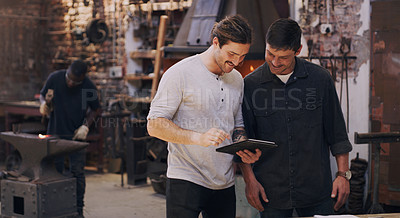 Buy stock photo Metal worker, men and people in workshop with tablet talk for collaboration, ideas and small business. Tech, coworkers or partners with employee for discussion, manufacturing or supply chain