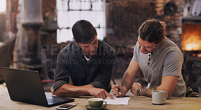 Buy stock photo Planning, strategy and business people with laptop, notes and creative ideas at startup office. Workshop, meeting and men together with paperwork for research, growth and development at design agency