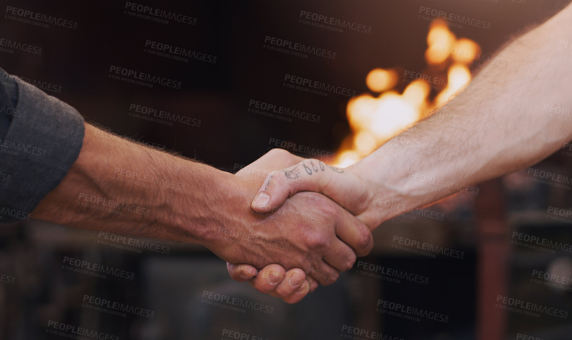 Buy stock photo Handshake, meeting and thank you with men in a workshop together for a deal or agreement. Teamwork, welcome and partnership with male industry people shaking hands in a factory to gesture a greeting