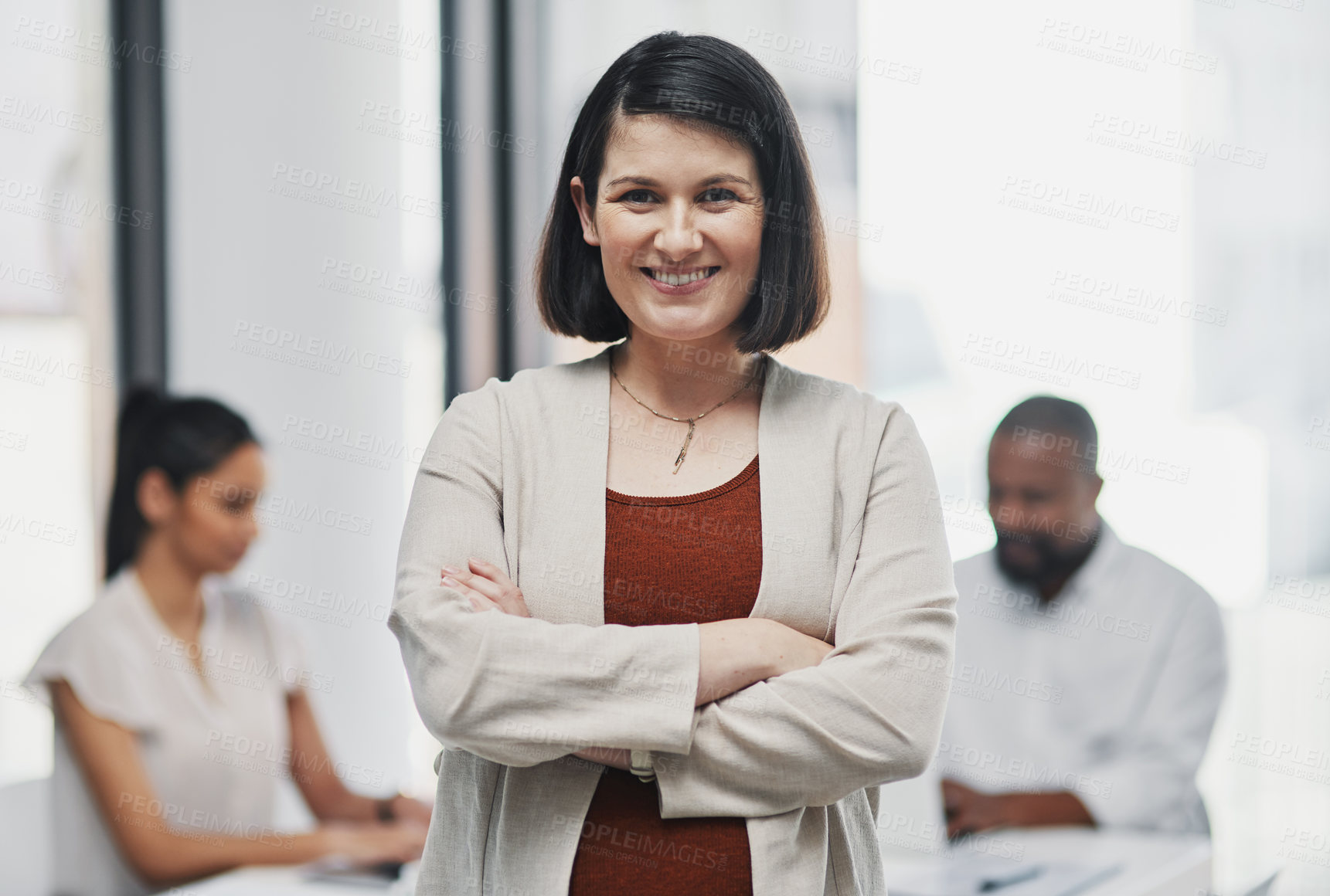 Buy stock photo Portrait of a confident pregnant businesswoman having a team meeting in a modern office