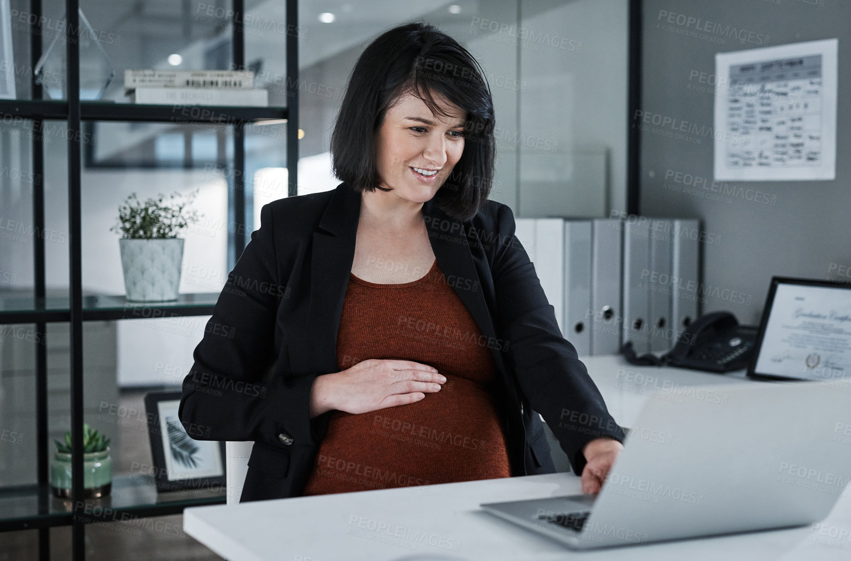 Buy stock photo Laptop, business and happy pregnant woman in office for prenatal blog, maternity and content writing in startup. Pregnancy, touch stomach and employee on computer for creative article or motherhood