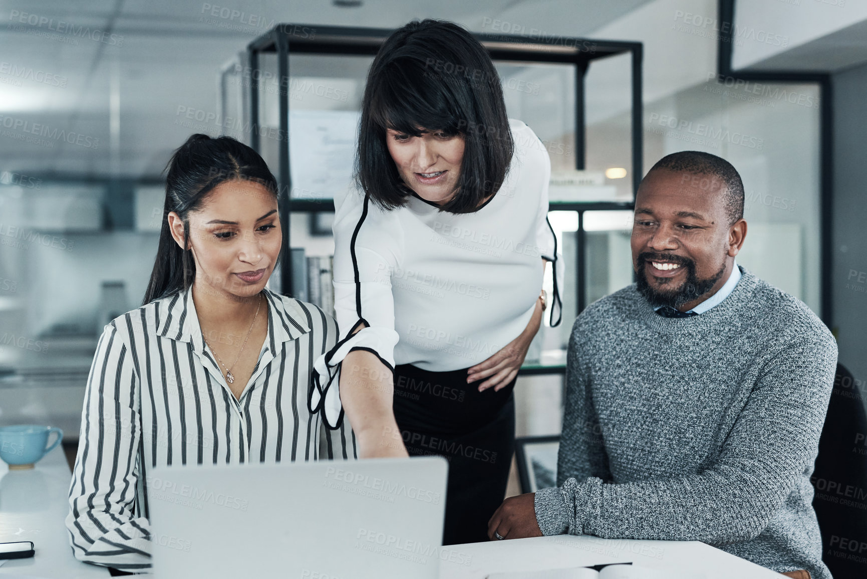 Buy stock photo Business people, laptop and conversation with manager advice, review and public relations project. Working, collaboration and teamwork with diversity, tech and brand campaign with pregnant woman