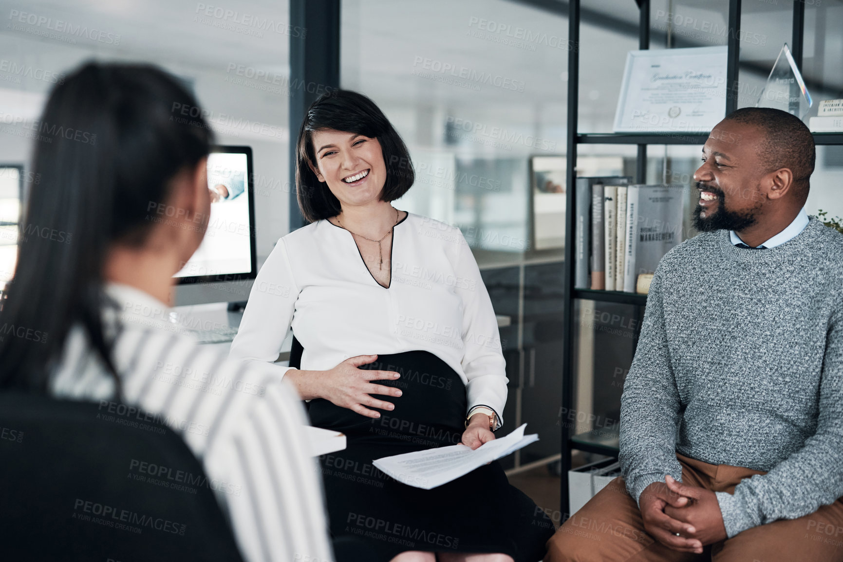 Buy stock photo Business people, paperwork and conversation with pregnant manager, review and public relations project. Working, collaboration and teamwork with diversity, smile and campaign with group planning