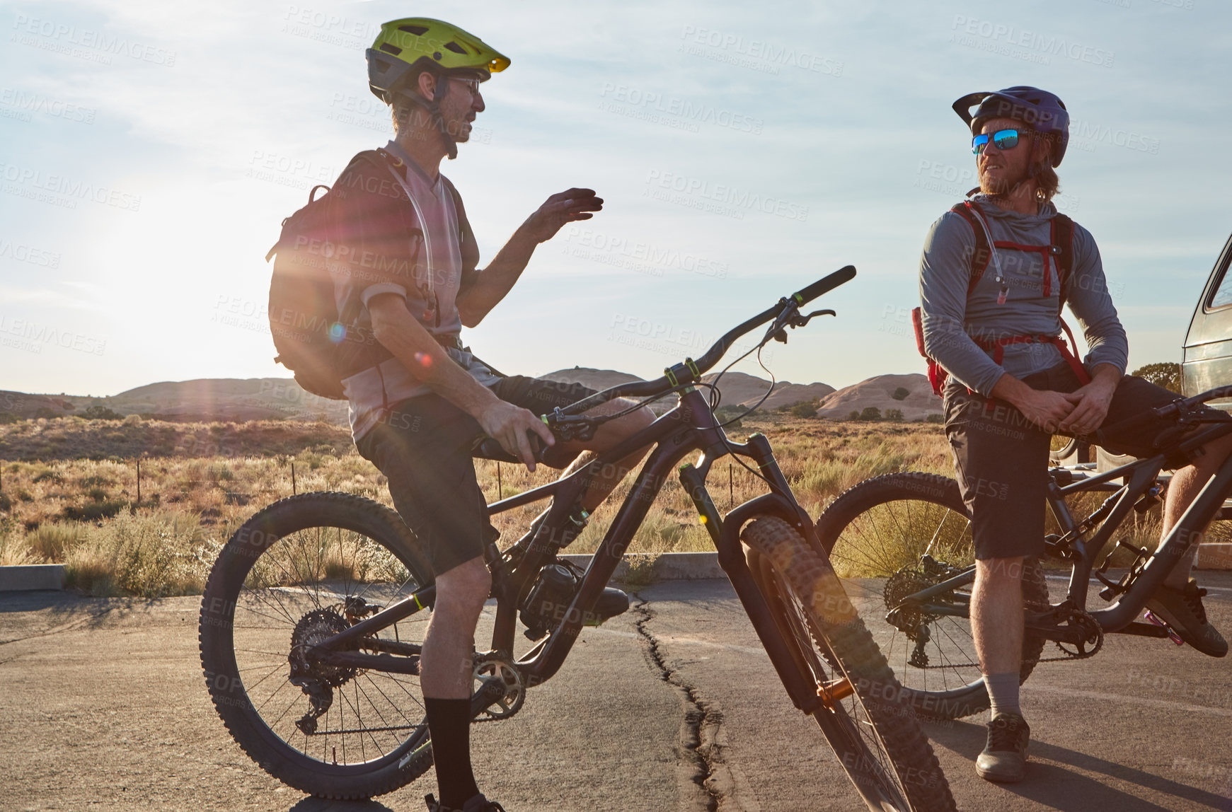 Buy stock photo Active, fitness and mountain biking with men outdoor together for adventure, journey or sports. Bike, cycling and hobby with athletic friends in nature for exercise, health or wellness activity