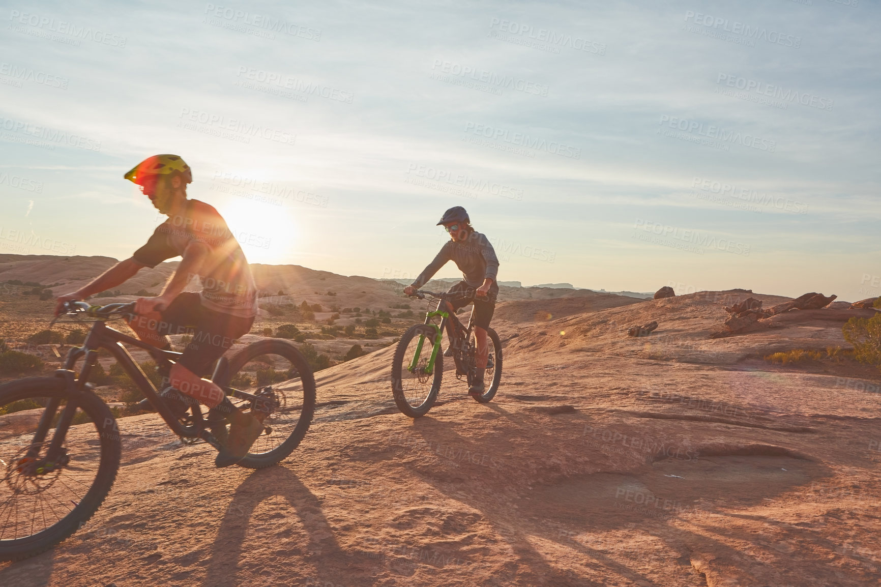 Buy stock photo People, outdoor and cycling in nature with mountain bike, adventure and exercise together for fitness. Space, friends and countryside journey with bicycle, sunshine and cardio workout for wellness.