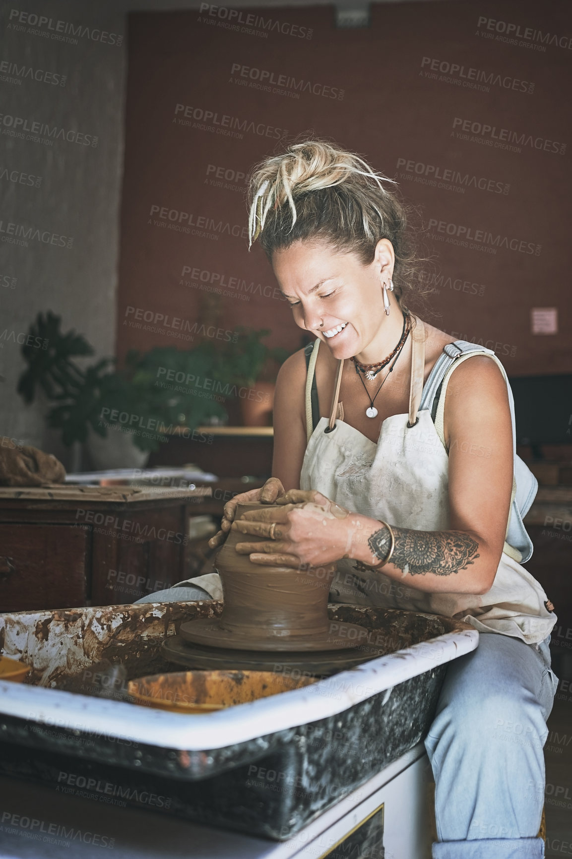 Buy stock photo Happy woman, clay and pottery for production at studio for craft, small business or creative process. Person, smile and artist with design, organic material or talent for manufacturing at workshop