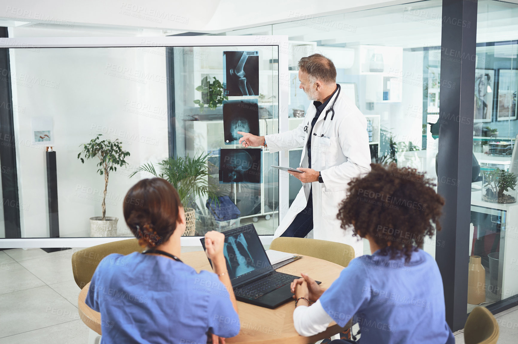 Buy stock photo Shot of a mature doctor analysing x-rays with his colleagues during a meeting in a hospital