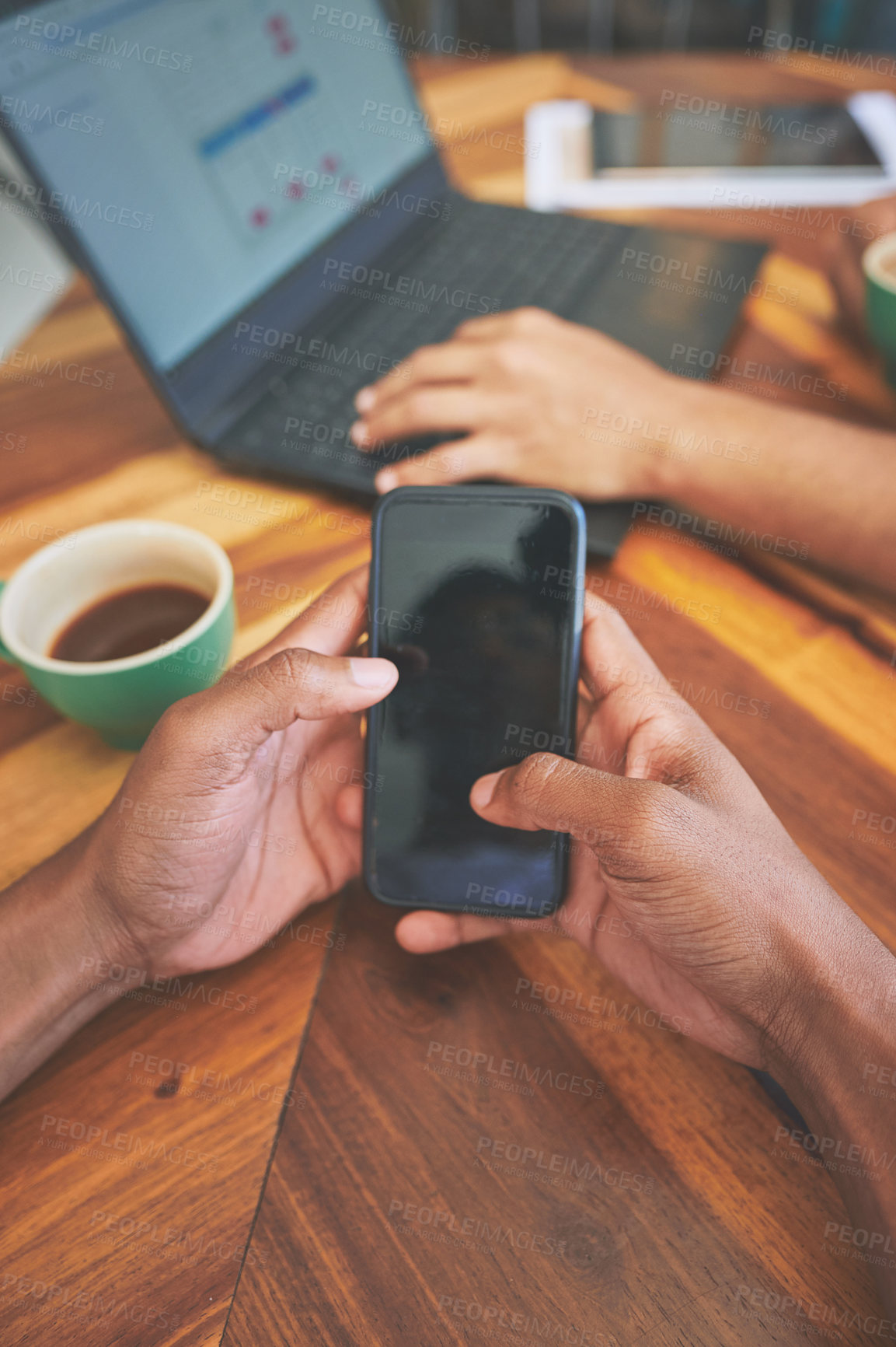 Buy stock photo Hands, phone screen and person in cafe for review, social media ads or remote work with team. Mobile, customer or POV in coffee shop with freelance marketer, campaign or brand sponsorship in meeting