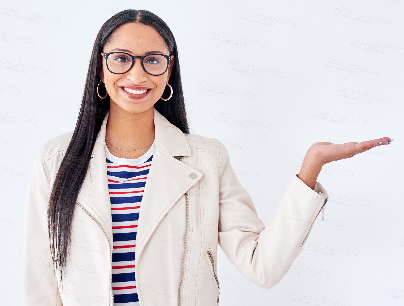 Buy stock photo Portrait, smile and woman with palm for presentation, mockup or space isolated on a white studio background. Face, hand gesture and show advertising, promotion or marketing sales offer in glasses