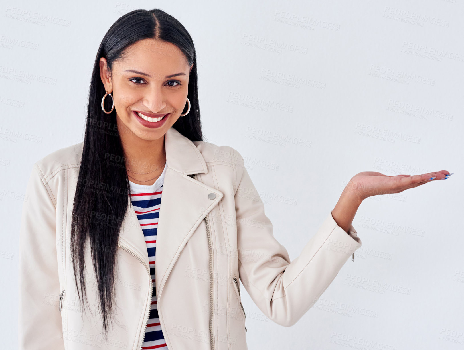 Buy stock photo Portrait, smile and woman with palm for space, mockup or presentation isolated on a white studio background. Face, hand gesture and show advertising, promotion or marketing sales offer for discount