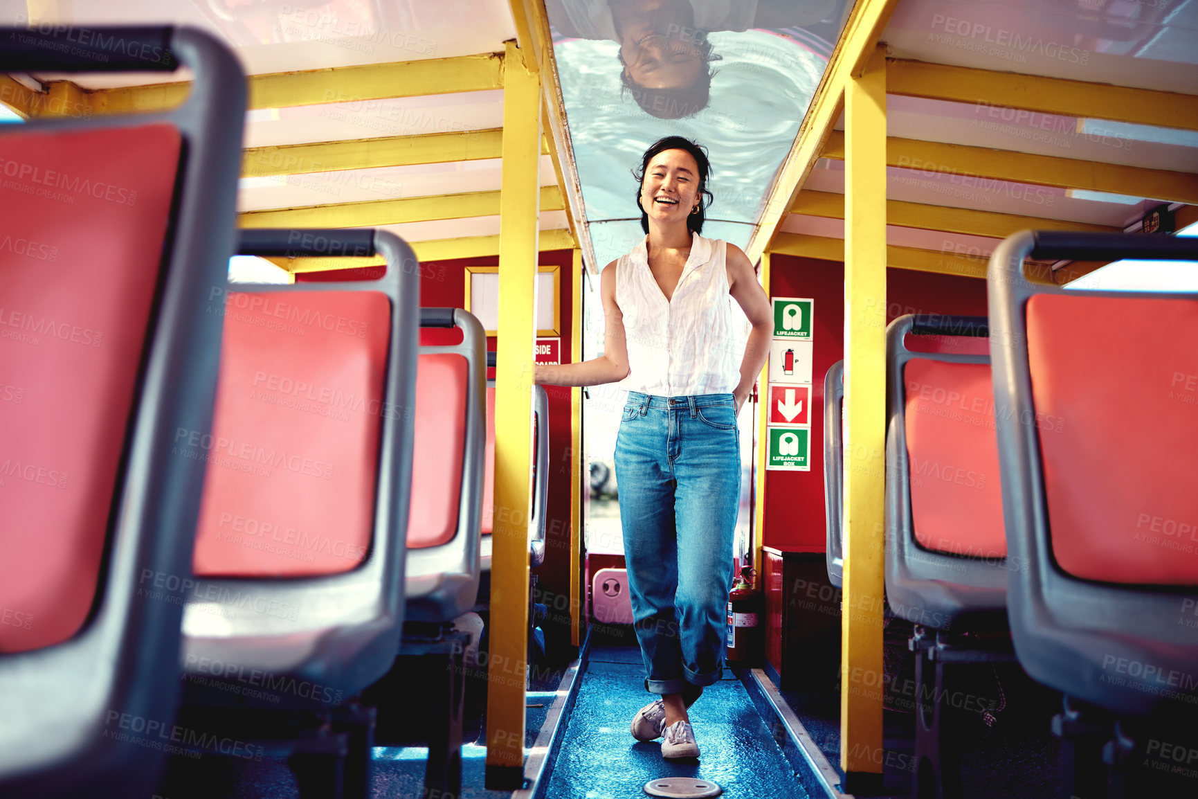 Buy stock photo Asian, woman and ferry for travel with transportation, tourism or explore city with happiness in portrait. Freedom, summer and staycation in South Korea, adventure on boat with journey on sea