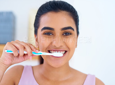 Buy stock photo Portrait, woman and toothbrush for brushing teeth in bathroom, dental health and wellness with routine at home. Oral hygiene, orthodontics and fresh breath with morning self care and tooth whitening