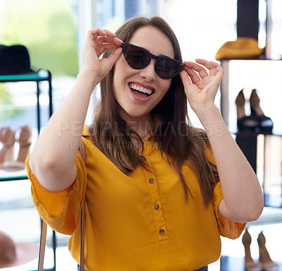 Buy stock photo Woman, sunglasses and shopping in mall for fashion, discount or accessories, Luxury eyewear, market and female shopper with shades for designer store, boutique product or sale promotion purchase