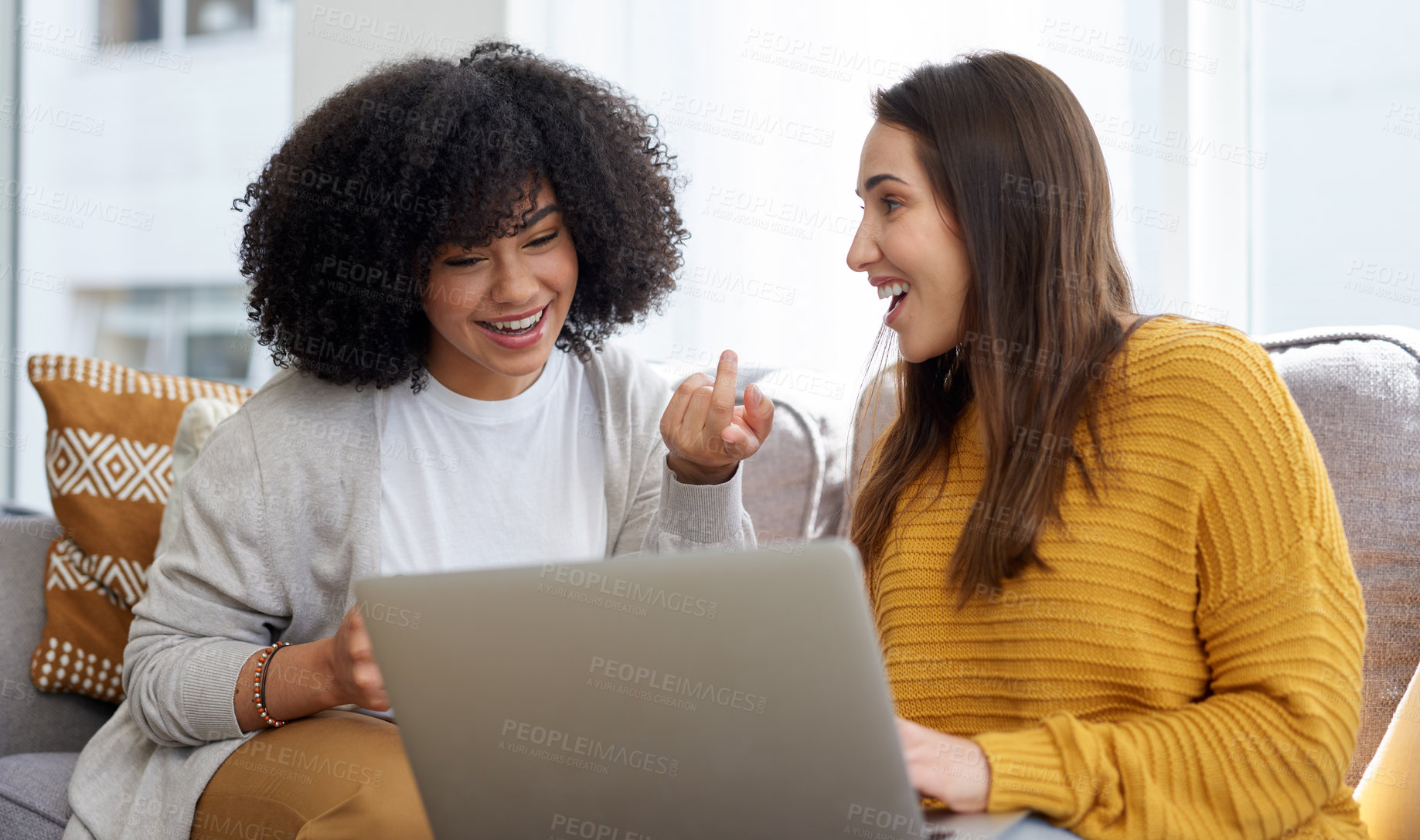 Buy stock photo Women, laptop and couch in house together for streaming movies, talking and online subscription. Happy friends, tech and conversation on apartment for watching video, web connection and relax on sofa