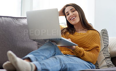 Buy stock photo Portrait, laptop and woman on sofa watching funny movie, film or show in living room together. Laughing, happy and female person streaming a comedy video online with computer in lounge at home.