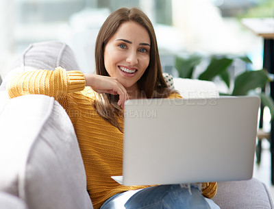 Buy stock photo Smile, laptop and portrait of woman on sofa watching funny movie, film or show in living room together. Laughing, happy and female person streaming comedy video online with computer in lounge at home