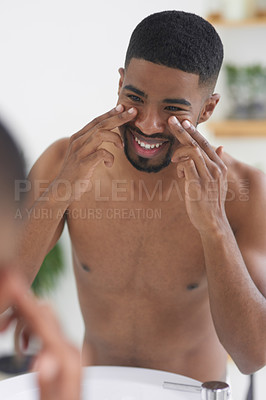 Buy stock photo Happy man, face and beauty with mirror and facial, hygiene and grooming during morning routine at home. Male person with smile in bathroom, fresh and clean skincare with wellness and moisturizing
