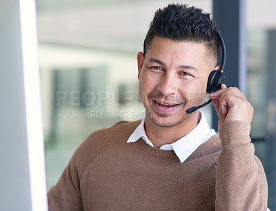 Buy stock photo Man in portrait, callcenter with CRM and contact us,  communication with headset and phone call in office. Male consultant in customer service, telemarketing or tech support with help desk job