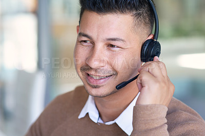 Buy stock photo Man, face and callcenter with CRM and contact us,  communication with headset and phone call in office. Male consultant smile in customer service, telemarketing or tech support with help desk job